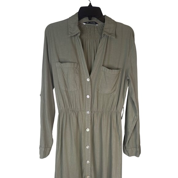 2/$30 ZARA Small Button-Down Shirt Dress Khaki Green Linen & Viscose - Picture 5 of 16